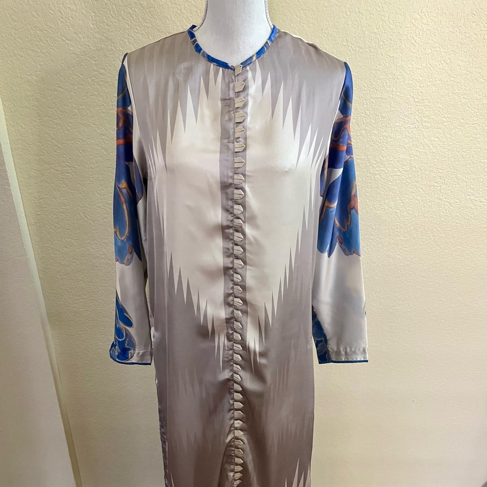 Chic Satin Button-Down Dress with Blue Accents